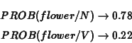 \begin{eqnarray*}PROB(flower/N) \rightarrow 0.78\\
PROB(flower/V) \rightarrow 0.22
\end{eqnarray*}