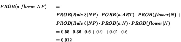 \begin{eqnarray*}PROB(a\ flower\vert NP) &&= \\
&& PROB(Rule\ 8\vert NP) \cdot...
...cdot 0.36 \cdot 0.6 + 0.9 \cdot + 0.01 \cdot 0.6 \\
&&= 0.012
\end{eqnarray*}