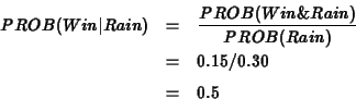 \begin{eqnarray*}PROB(Win\vert Rain) &=& \frac{PROB(Win\&Rain)}{PROB(Rain)} \\
&=& 0.15/0.30 \\
&=& 0.5
\end{eqnarray*}